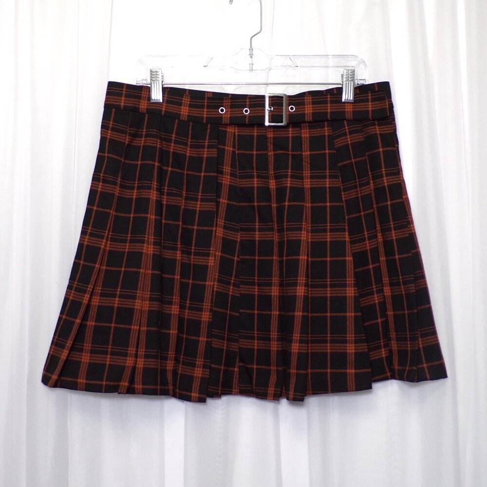 Divided H&M Brown Black Plaid Pleated Skirt Size 10 Buckle Preppy Schoolgirl